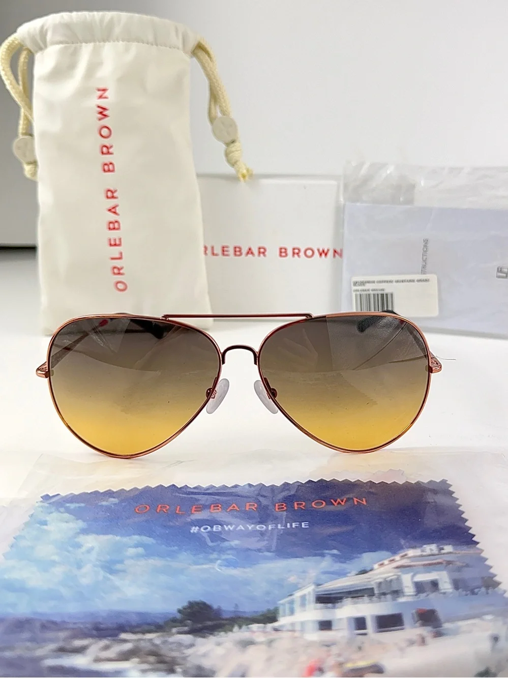 NWT Orlebar Brown x Linda Farrow Aviator Sunglasses OB10 C8 Rose Gold Full Set